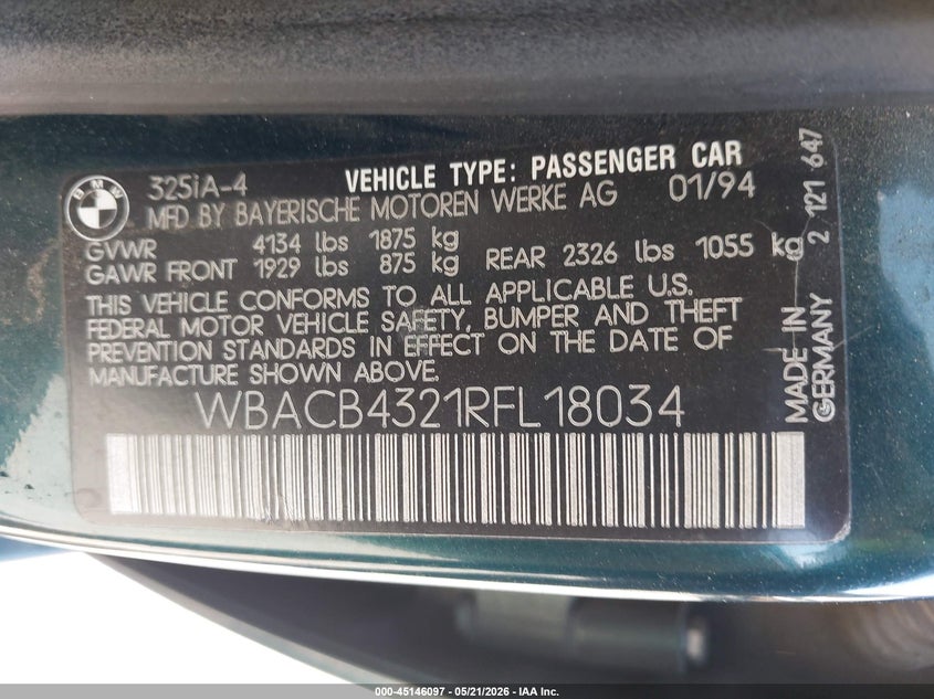 1994 BMW 3 series VIN WBACB4321RFL18034 IAAI salvage auction — ROLLOVER, Salvage (California), sold $325 on 2026-07-10 (photo 9)