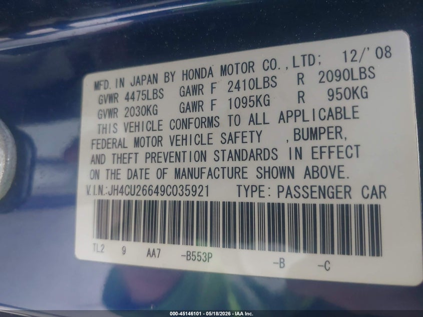 2009 Acura Tsx VIN JH4CU26649C035921 IAAI salvage auction — NORMAL WEAR, Original (Ohio), sold $275 on 2026-07-09 (photo 9)