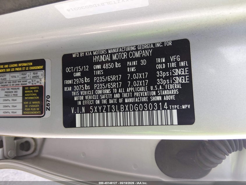 2013 Hyundai Santa fe VIN 5XYZT3LBXDG030314 IAAI salvage auction — REAR END, Salvage (Arizona), sold $2,050 on 2026-07-09 (photo 9)