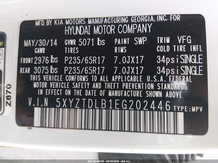 2014 Hyundai Santa fe VIN 5XYZTDLB1EG202446 IAAI salvage auction — FRONT END, Salvage (Texas), sold $525 on 2026-07-14 (photo 9)