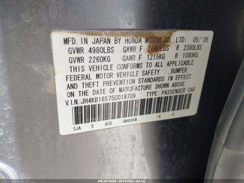 2005 Acura Rl VIN JH4KB16575C019709 IAAI salvage auction — FRONT END, Clear (New Mexico), sold $1,450 on 2026-07-20 (photo 9)