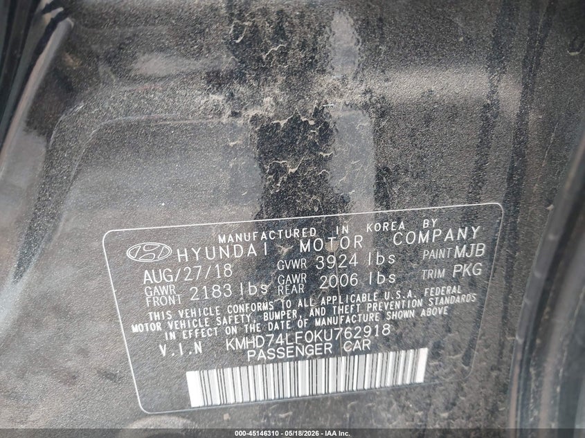 2019 Hyundai Elantra VIN KMHD74LF0KU762918 IAAI salvage auction — REAR END, Clear (Oklahoma), sold $2,200 on 2026-07-15 (photo 9)