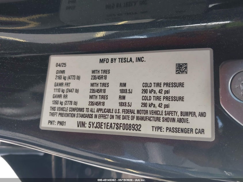 2025 Tesla Model 3 VIN 5YJ3E1EA7SF008932 IAAI salvage auction — FRONT END, Rebuildable (Florida), sold $12,450 on 2026-07-16 (photo 9)