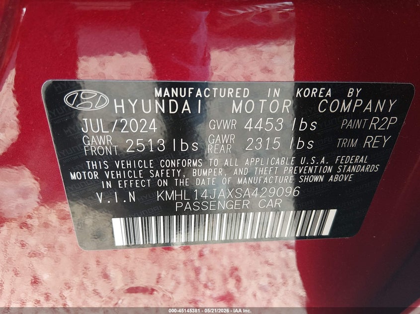 2025 Hyundai Sonata VIN KMHL14JAXSA429096 IAAI salvage auction — REAR END, Salvage (North Carolina), sold $9,500 on 2026-07-13 (photo 9)