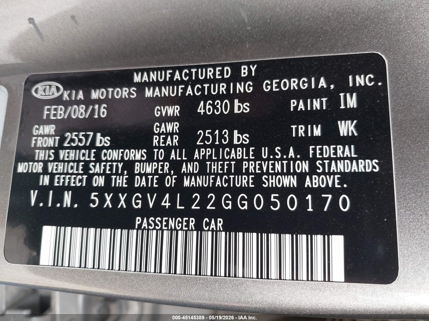 2016 Kia Optima VIN 5XXGV4L22GG050170 IAAI salvage auction — FRONT END, Salvage (Texas), sold $1,425 on 2026-07-21 (photo 9)