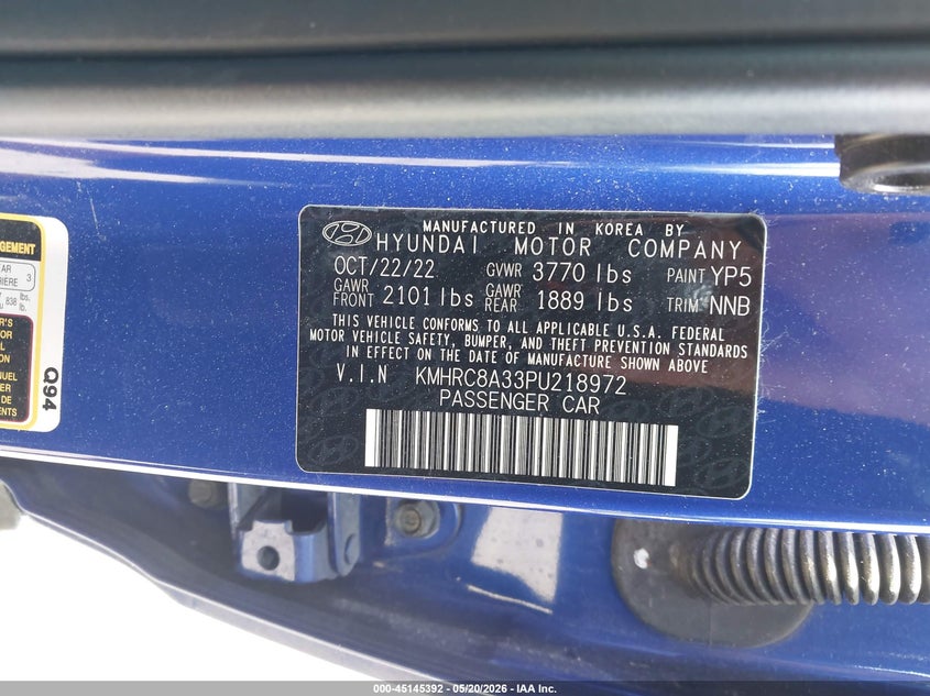 2023 Hyundai Venue VIN KMHRC8A33PU218972 IAAI salvage auction — FRONT END, Salvage (Colorado), sold $3,650 on 2026-07-29 (photo 9)