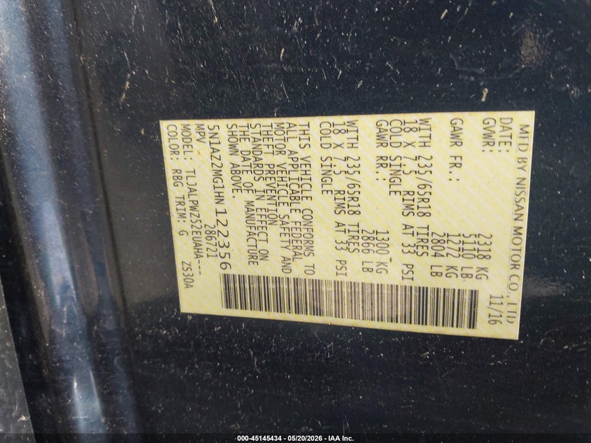2017 Nissan Murano VIN 5N1AZ2MG1HN122356 IAAI salvage auction — FRONT END, Salvage (Texas), sold $575 on 2026-07-09 (photo 9)