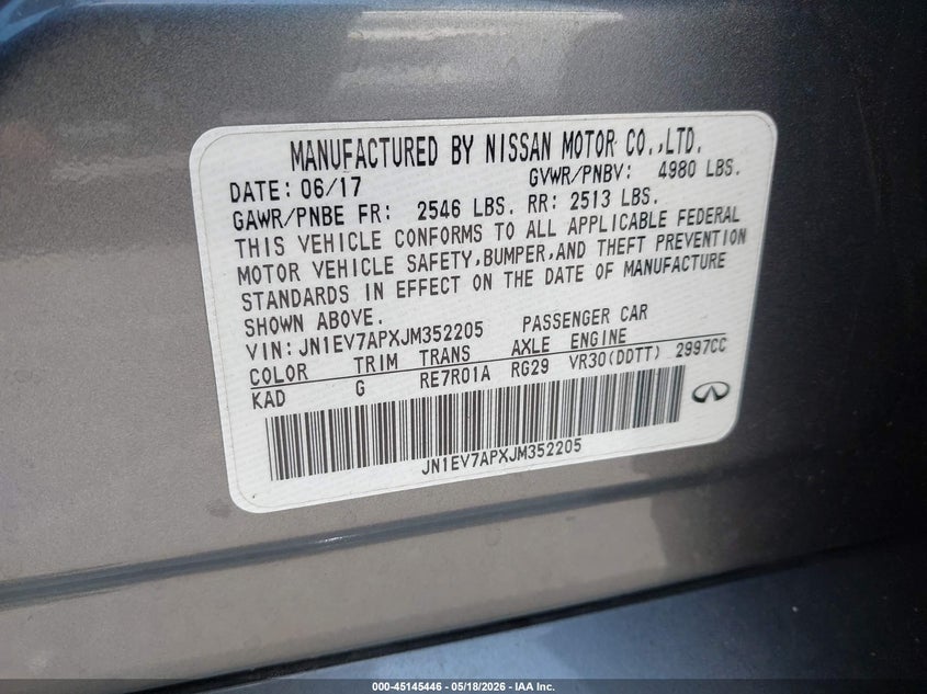 2018 Infiniti Q50 VIN JN1EV7APXJM352205 IAAI salvage auction — RIGHT SIDE, Salvage (California), sold $475 on 2026-07-09 (photo 9)