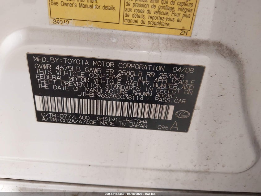 2008 Lexus Gs VIN JTHBE96S380038114 IAAI salvage auction — RIGHT REAR, Salvage (North Carolina), sold $600 on 2026-07-09 (photo 9)