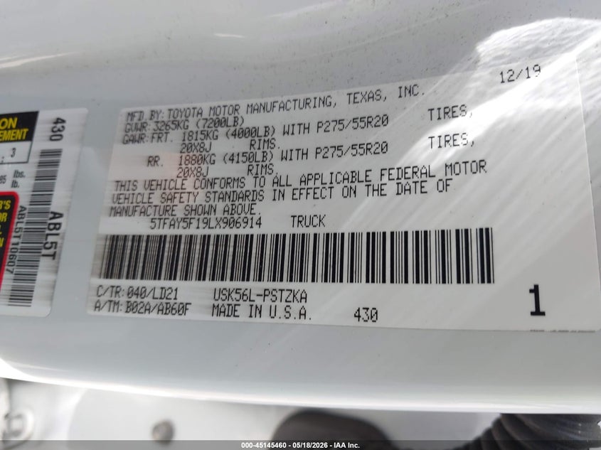 2020 Toyota Tundra VIN 5TFAY5F19LX906914 IAAI salvage auction — SIDE, Salvage (Massachusetts), sold $12,600 on 2026-07-25 (photo 9)