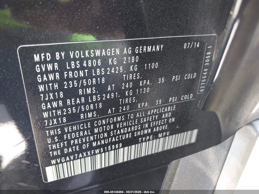 2015 Volkswagen Tiguan VIN WVGAV7AXXFW515969 IAAI salvage auction — LEFT FRONT, Salvage Title, sold $925 on 2026-07-29 (photo 9)