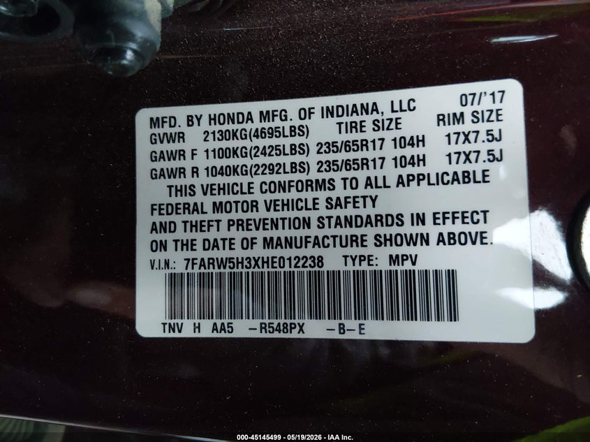 2017 Honda Cr-v VIN 7FARW5H3XHE012238 IAAI salvage auction — FRONT END, Salvage (Oklahoma), sold $2,650 on 2026-08-02 (photo 9)