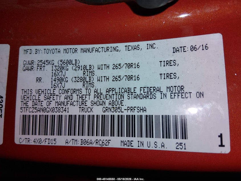 2016 Toyota Tacoma VIN 5TFCZ5AN0GX038341 IAAI salvage auction — FRONT END, Salvage (Illinois), sold $6,200 on 2026-07-21 (photo 9)