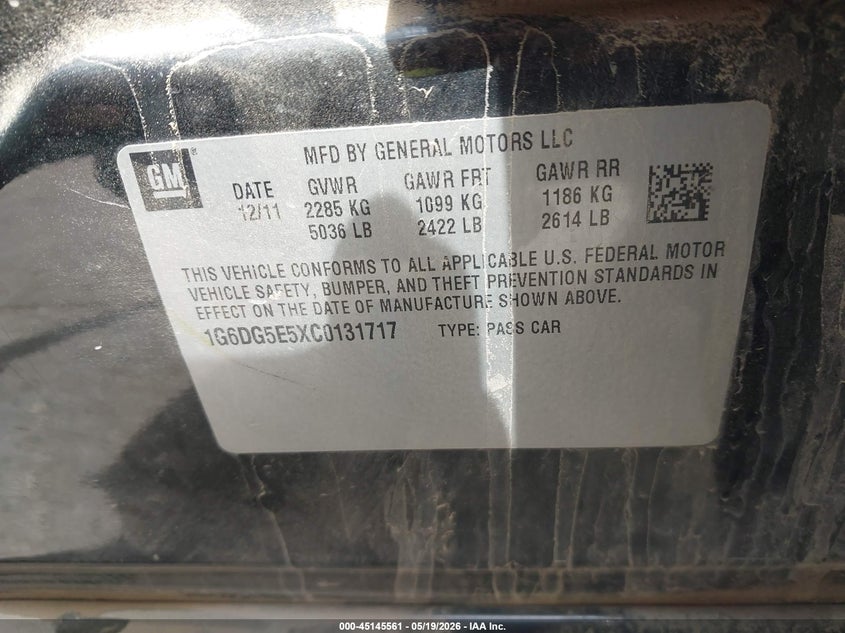 2012 Cadillac Cts VIN 1G6DG5E5XC0131717 IAAI salvage auction — FRONT END, Regular (South Dakota), sold $1,000 on 2026-08-21 (photo 9)
