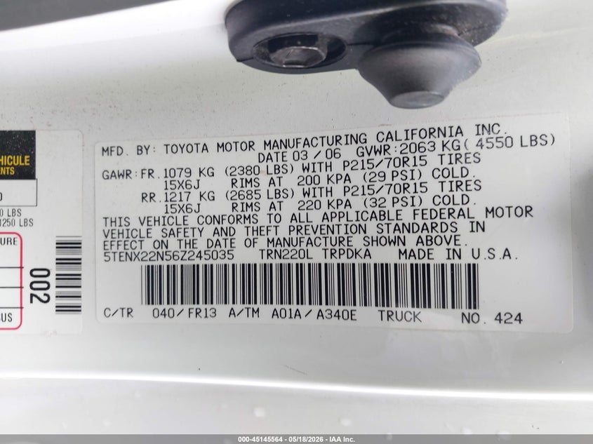 2006 Toyota Tacoma VIN 5TENX22N56Z245035 IAAI salvage auction — FRONT END, Salvage (California), sold $2,650 on 2026-07-12 (photo 9)