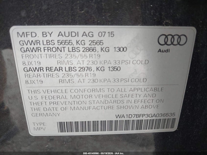 2016 Audi Q5 VIN WA1D7BFP3GA036535 IAAI salvage auction — RIGHT SIDE, Salvage (Ohio), sold $3,500 on 2026-07-13 (photo 9)