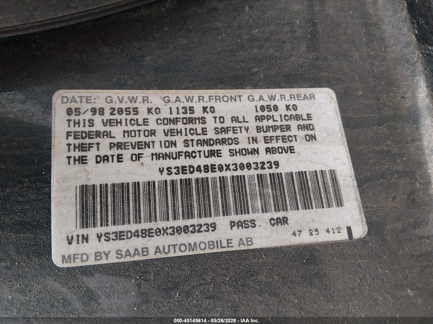 1999 Saab 9-5 VIN YS3ED48E0X3003239 IAAI salvage auction — LEFT FRONT, Salvage (Colorado), sold $150 on 2026-07-14 (photo 9)