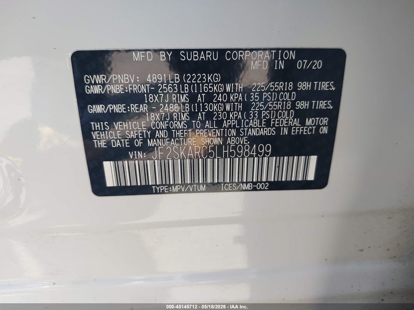 2020 Subaru Forester VIN JF2SKARC5LH598499 IAAI salvage auction — FRONT END, Salvage (Oregon), sold $5,350 on 2026-07-07 (photo 9)