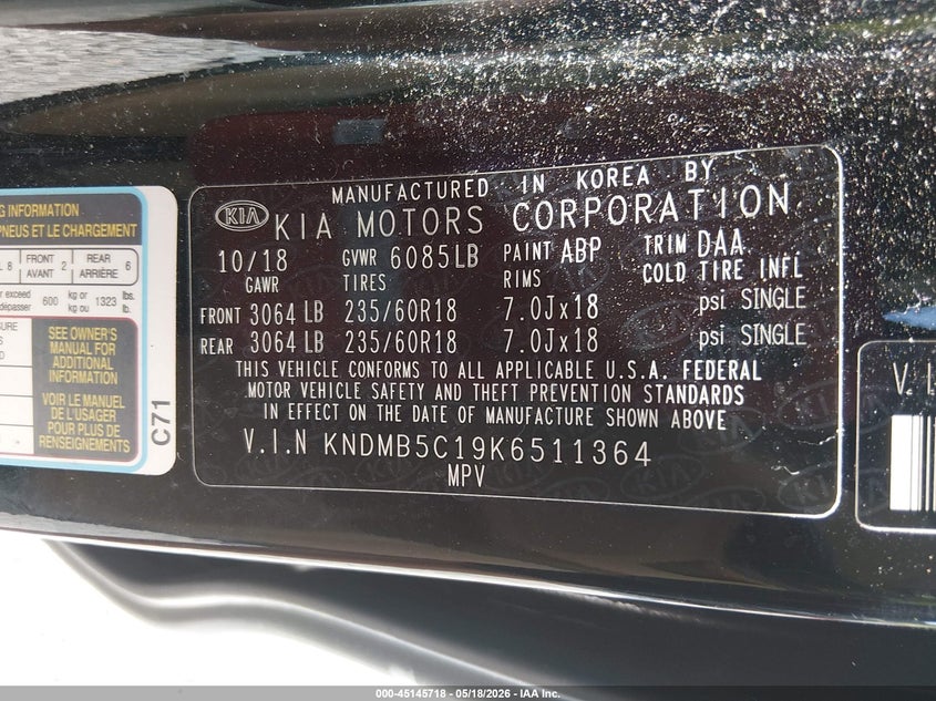 2019 Kia SEDONA VIN KNDMB5C19K6511364 IAAI salvage auction — FRONT END, Salvage (Alabama), sold $1,150 on 2026-07-14 (photo 9)