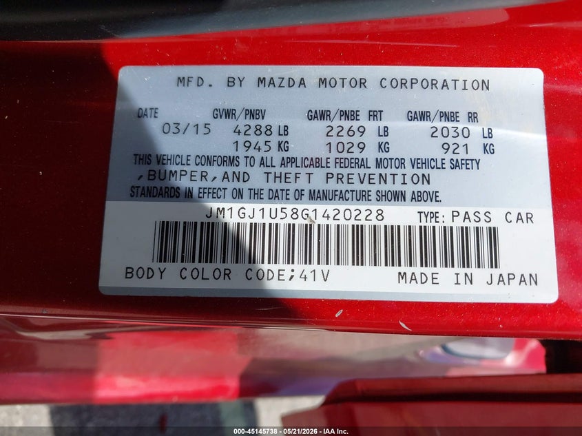 2016 Mazda 6 VIN JM1GJ1U58G1420228 IAAI salvage auction — FRONT END, Rebuildable (Florida), sold $200 on 2026-07-13 (photo 9)