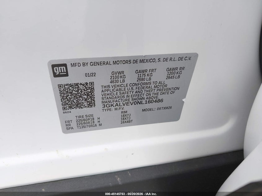 2022 Gmc Terrain VIN 3GKALVEV0NL160486 IAAI salvage auction — FRONT END, Mv-907A (New York), sold $7,150 on 2026-07-28 (photo 9)