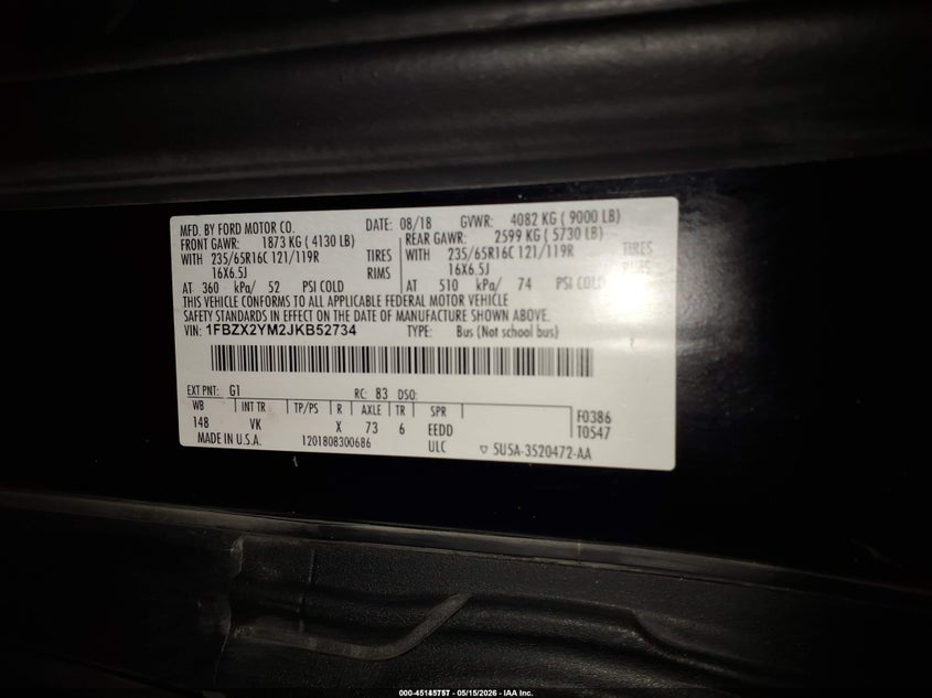 2018 Ford Transit-350 VIN 1FBZX2YM2JKB52734 IAAI salvage auction — NORMAL WEAR, Sf97 (North Carolina), sold $25,575 on 2026-07-16 (photo 9)