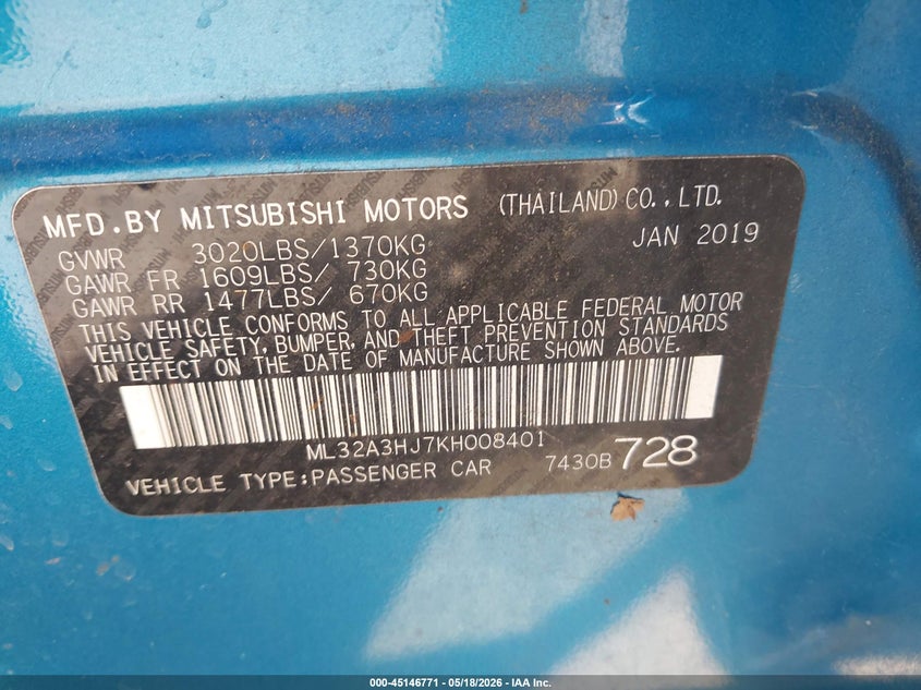 2019 Mitsubishi Mirage VIN ML32A3HJ7KH008401 IAAI salvage auction — RIGHT SIDE, Salvage (Ohio), sold $350 on 2026-07-20 (photo 9)