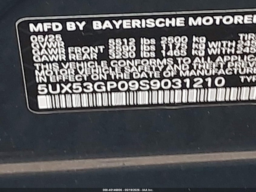 2025 BMW X3 VIN 5UX53GP09S9031210 IAAI salvage auction — FRONT & REAR, Mv-907A (New York), sold $25 on 2026-07-28 (photo 9)