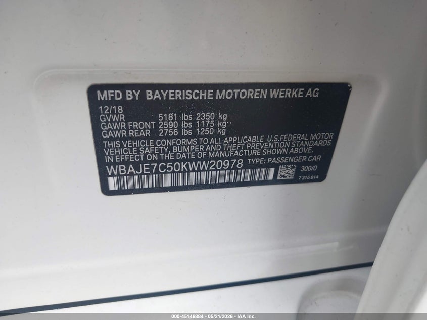 2019 BMW 5er VIN WBAJE7C50KWW20978 IAAI salvage auction — FRONT END, Mv-907A (New York), sold $10,500 on 2026-07-14 (photo 9)