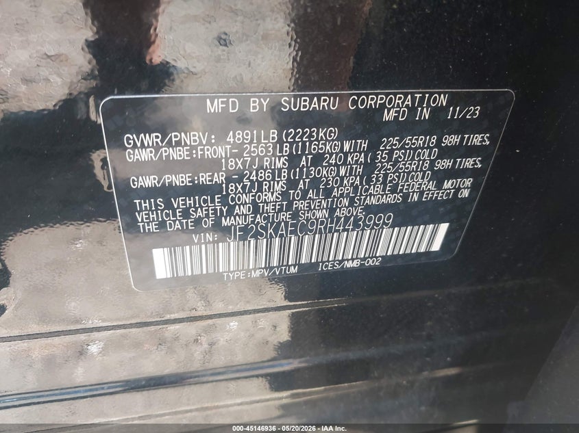 2024 Subaru Forester VIN JF2SKAEC9RH443999 IAAI salvage auction — REAR END, Salvage (Idaho), sold $7,675 on 2026-07-24 (photo 9)