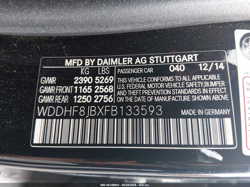 2015 Mercedes-benz E-klasse VIN WDDHF8JBXFB133593 IAAI salvage auction — RIGHT FRONT, Salvage (Illinois), sold $1,900 on 2026-07-28 (photo 9)