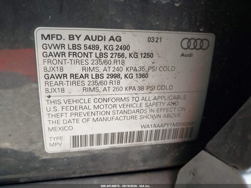 2021 Audi Q5 VIN WA1AAAFY1M2082491 IAAI salvage auction — LEFT FRONT, Salvage (Ohio), sold $7,200 on 2026-08-26 (photo 9)