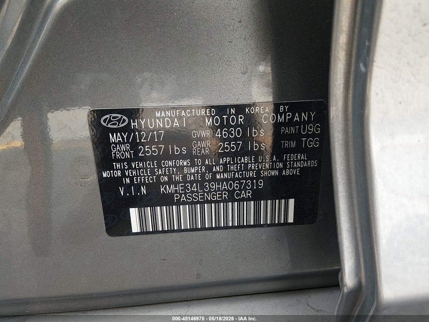 2017 Hyundai Sonata VIN KMHE34L39HA067319 IAAI salvage auction — FRONT END, Rebuildable (Florida), sold $1,750 on 2026-07-15 (photo 9)