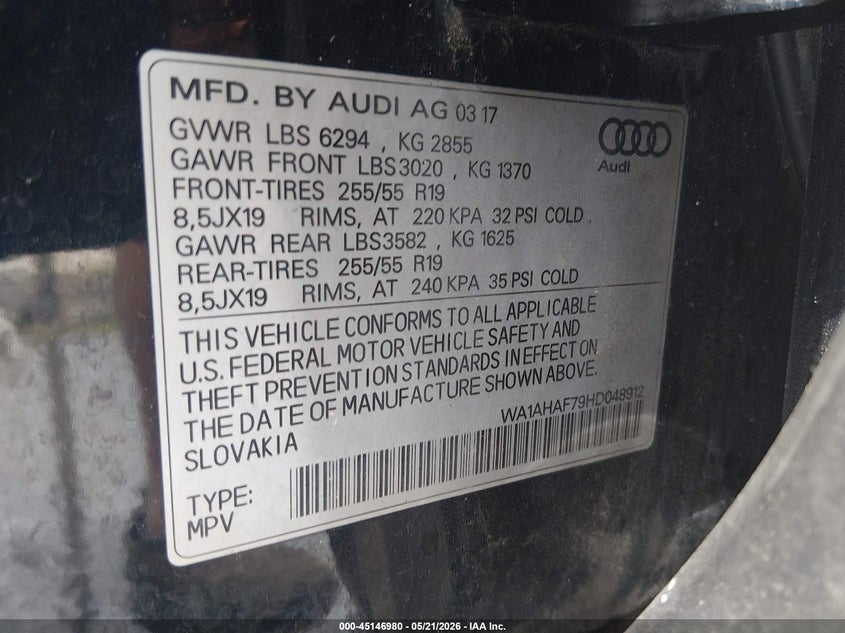 2017 Audi Q7 VIN WA1AHAF79HD048912 IAAI salvage auction — FRONT END, Salvage (Louisiana), sold $4,050 on 2026-07-24 (photo 9)