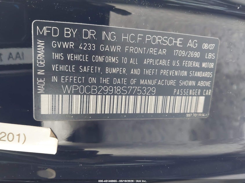 2008 Porsche 911 VIN WP0CB29918S775329 IAAI salvage auction — FRONT END, Salvage (California), sold $17,900 on 2026-07-09 (photo 9)