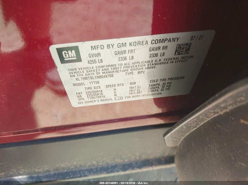2022 Chevrolet Trailblazer VIN KL79MTSL1NB049768 IAAI salvage auction — FRONT END, Salvage (Idaho), sold $2,950 on 2026-07-21 (photo 9)