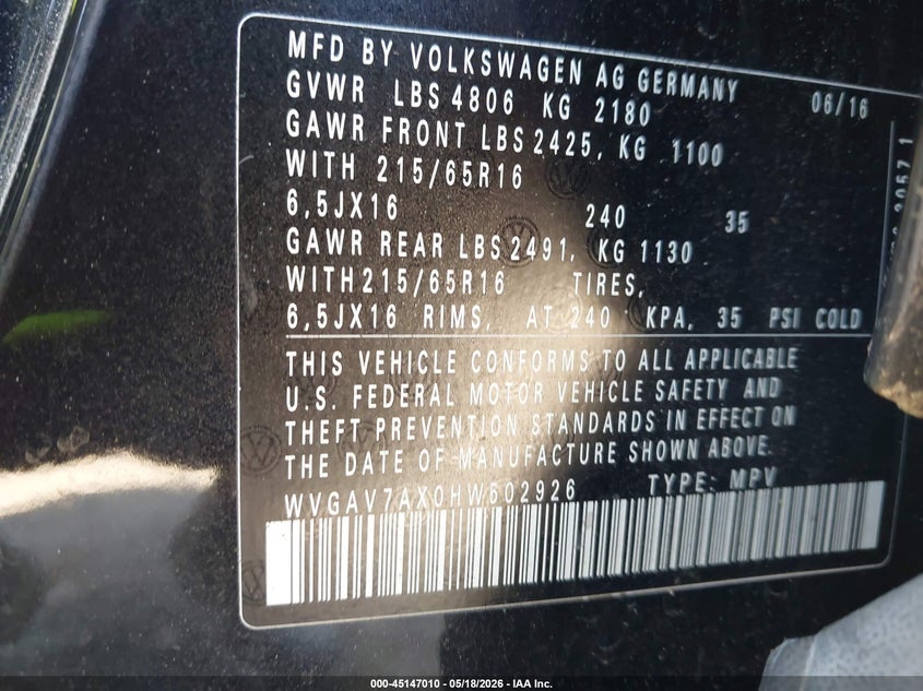 2017 Volkswagen Tiguan VIN WVGAV7AX0HW502926 IAAI salvage auction — FRONT END, Salvage (Tennessee), sold $975 on 2026-07-15 (photo 9)
