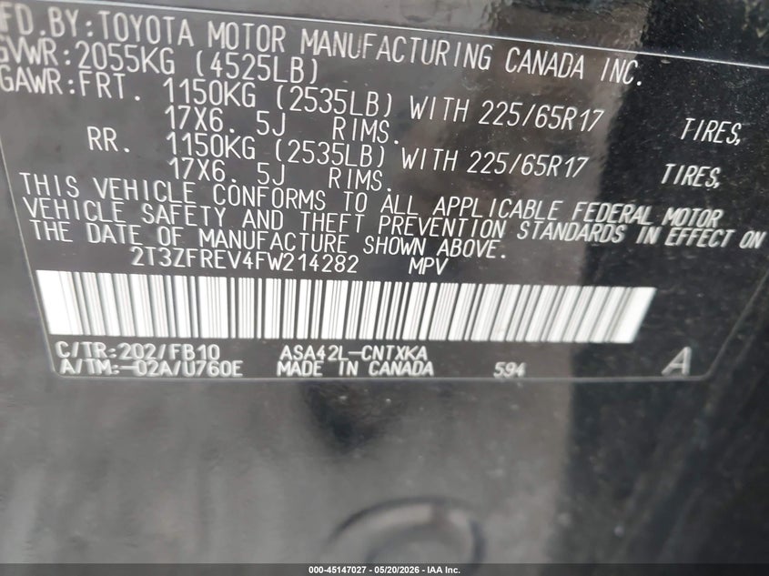 2015 Toyota Rav 4 VIN 2T3ZFREV4FW214282 IAAI salvage auction — RIGHT FRONT, Salvage (Texas), sold $1,900 on 2026-07-09 (photo 9)