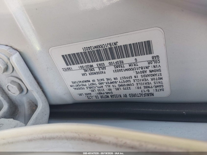2017 Nissan Rogue VIN JN1BJ1CRXHW124021 IAAI salvage auction — RIGHT FRONT, Salvage (South Carolina), sold $1,700 on 2026-07-07 (photo 9)