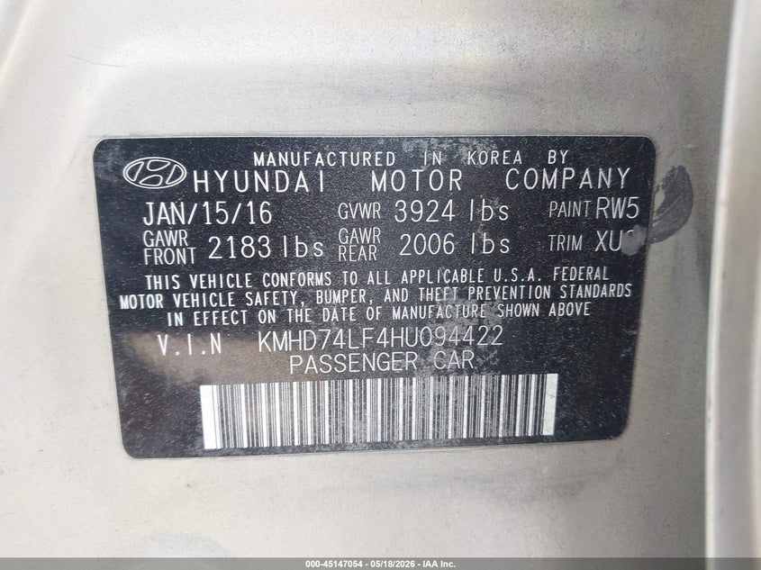 2017 Hyundai Elantra VIN KMHD74LF4HU094422 IAAI salvage auction — LEFT SIDE, Salvage (North Carolina), sold $1,350 on 2026-07-08 (photo 9)