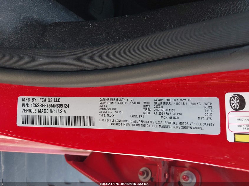 2021 Ram 1500 VIN 1C6SRFBT6MN809124 IAAI salvage auction — LEFT FRONT, Salvage Title, sold $6,700 on 2026-08-25 (photo 9)