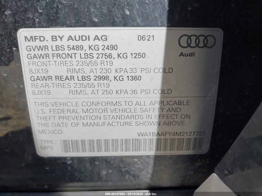 2021 Audi Q5 VIN WA1BAAFY4M2127721 IAAI salvage auction — FRONT END, Salvage Title, sold $3,550 on 2026-09-10 (photo 9)