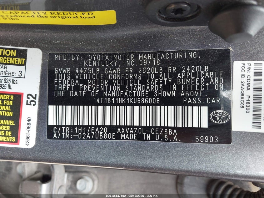 2019 Toyota Camry VIN 4T1B11HK1KU686008 IAAI salvage auction — REAR END, Salvage (Texas), sold $4,550 on 2026-07-27 (photo 9)