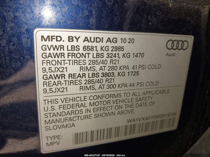 2021 Audi Q7 VIN WA1VXAF70MD019734 IAAI salvage auction — FRONT END, Salvage (Georgia), sold $14,400 on 2026-07-23 (photo 9)