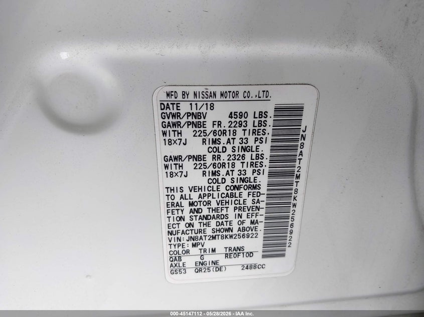 2019 Nissan Rogue VIN JN8AT2MT8KW256922 IAAI salvage auction — LEFT SIDE, Salvage Title, sold $2,300 on 2026-07-08 (photo 9)