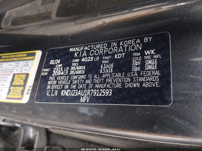 2024 Kia Soul VIN KNDJ23AU1R7912593 IAAI salvage auction — ROLLOVER, Salvage (Indiana), sold $500 on 2026-07-08 (photo 9)