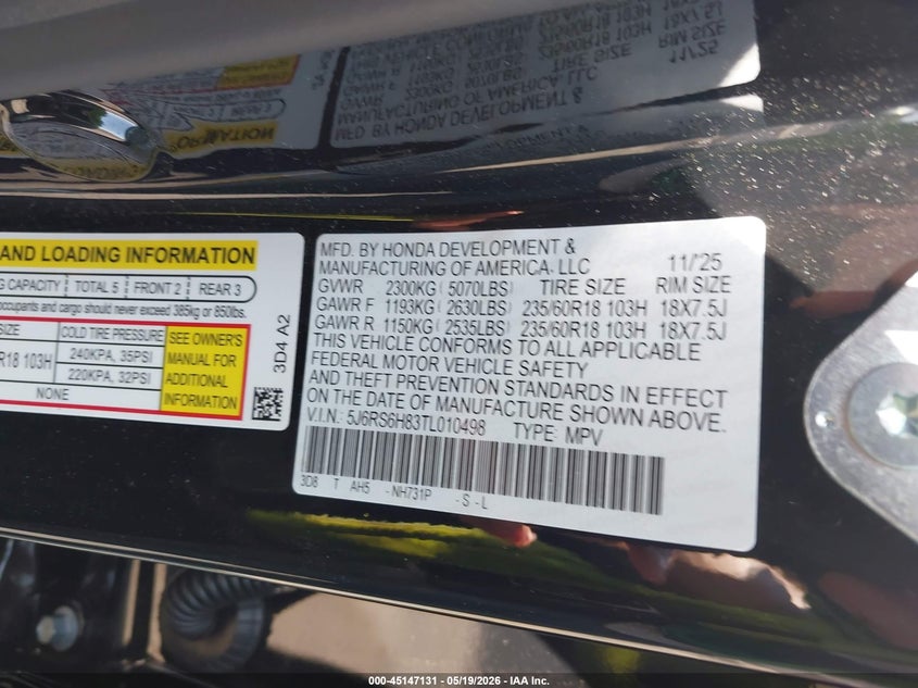 2026 Honda Cr-v VIN 5J6RS6H83TL010498 IAAI salvage auction — FRONT END, Salvage (New Jersey), sold $10,600 on 2026-07-29 (photo 9)