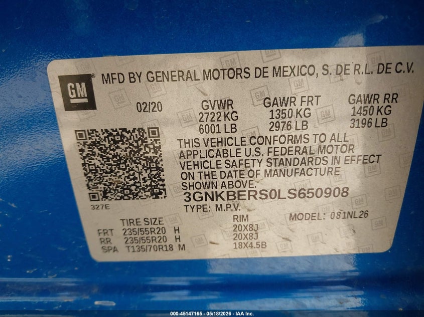 2020 Chevrolet Blazer VIN 3GNKBERS0LS650908 IAAI salvage auction — HAIL, Original (Texas), sold $10,000 on 2026-07-28 (photo 9)