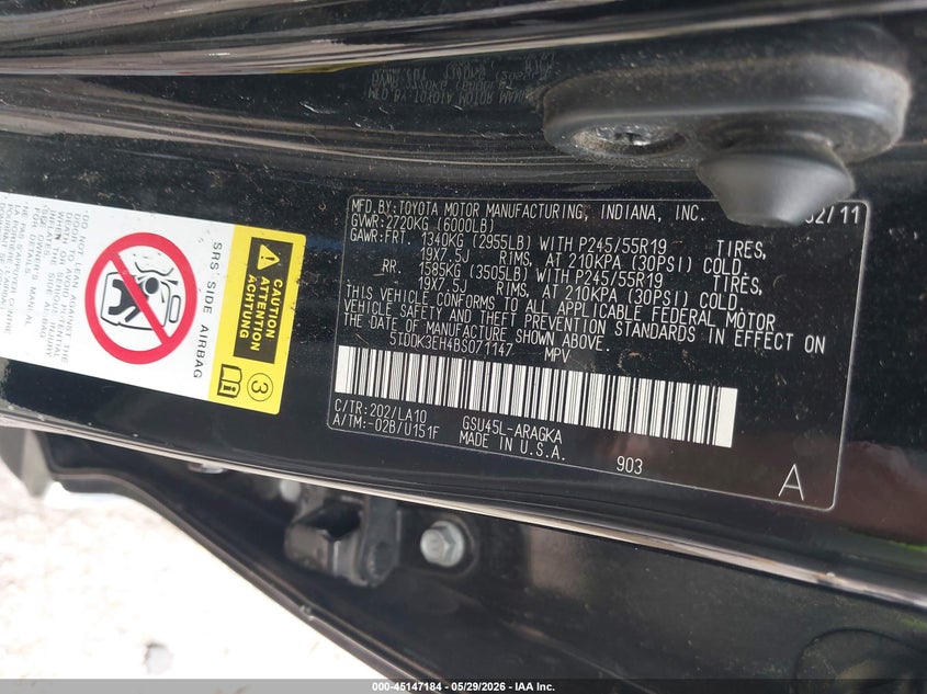 2011 Toyota Highlander VIN 5TDDK3EH4BS071147 IAAI salvage auction — FRONT END, Salvage (Missouri), sold $800 on 2026-07-07 (photo 9)