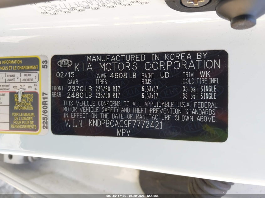 2015 Kia Sportage VIN KNDPBCAC9F7772421 IAAI salvage auction — FRONT END, Clear (Massachusetts), sold $2,200 on 2026-07-14 (photo 9)